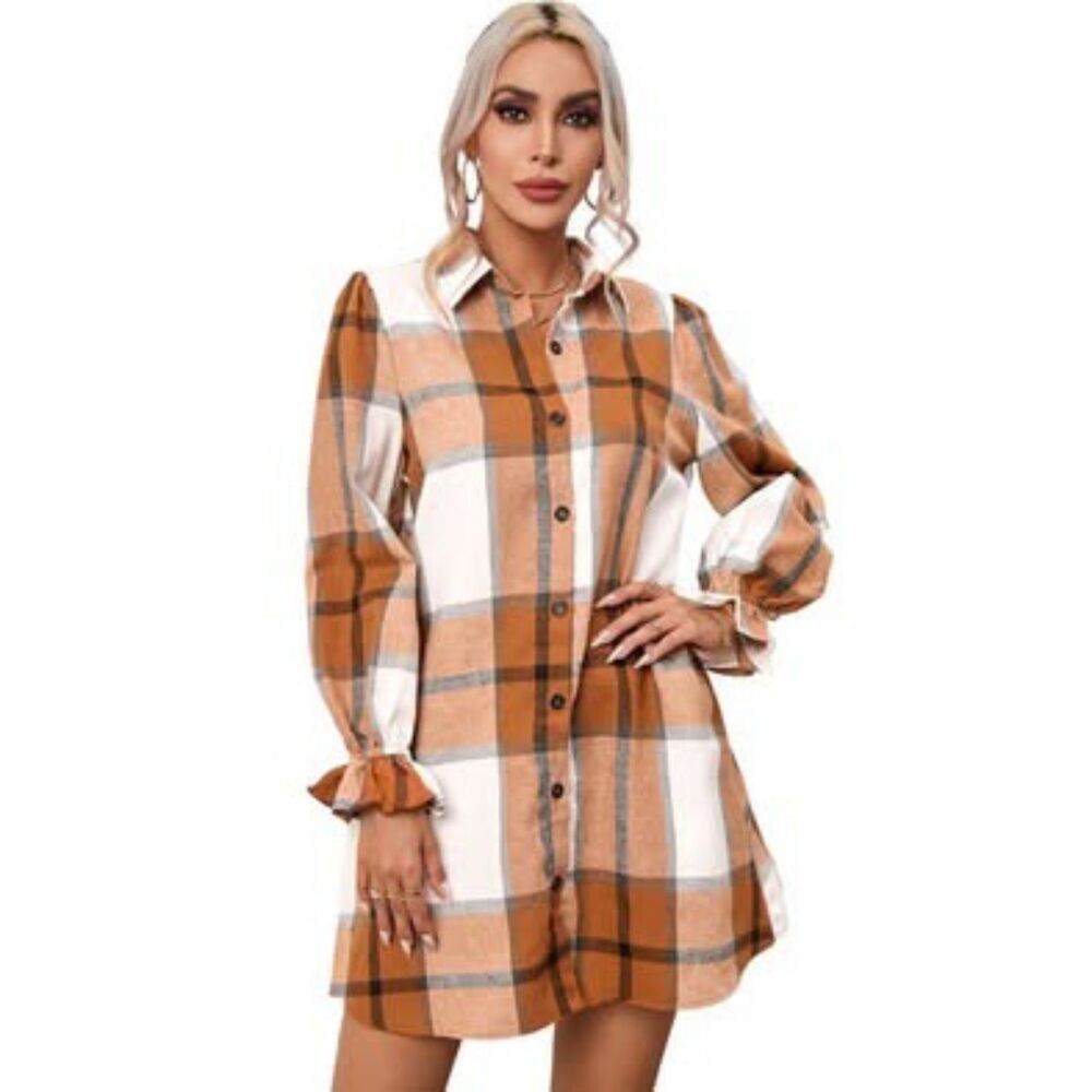 Plaid Button-Front Shirt Dress — Camel / Cream / Charcoal (New)